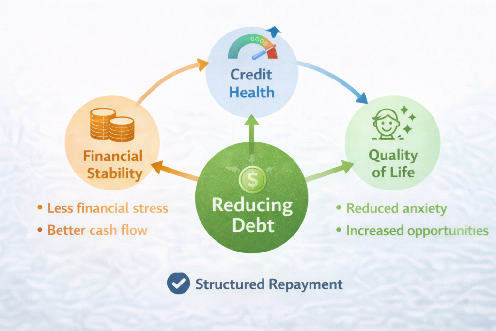 Infographic showing how reducing debt improves financial stability, credit health, and quality of life.