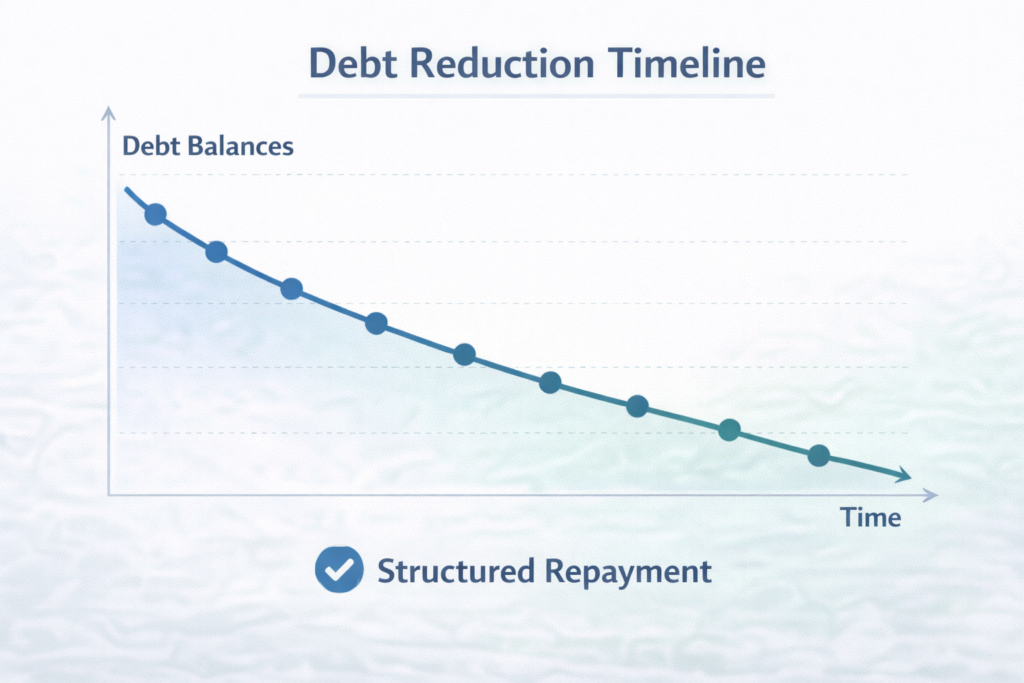 Line chart illustrating debt balances decreasing over time using structured repayment strategies.