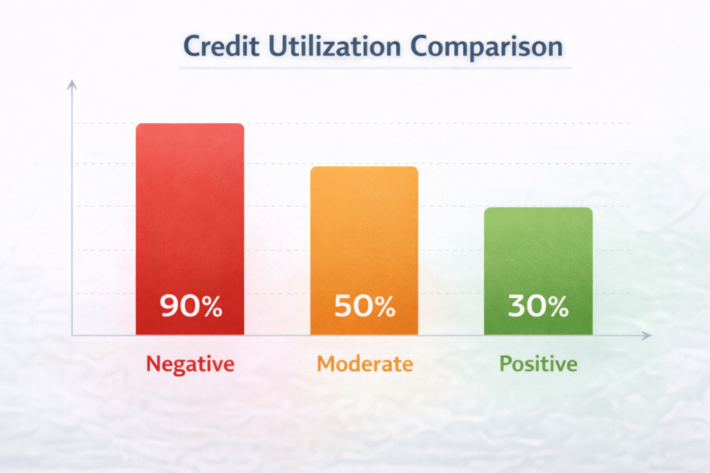 Graphic comparing high and low credit card utilization and its effect on credit scores
