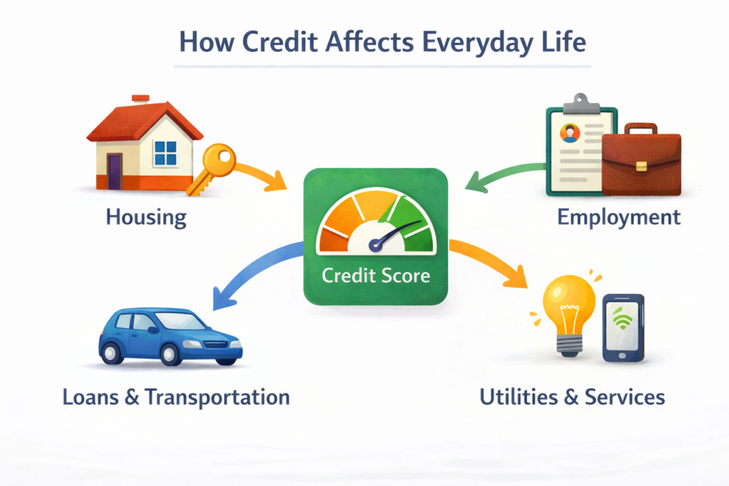 Infographic illustrating how a credit score influences housing options, loans, utilities, insurance, and employment opportunities.