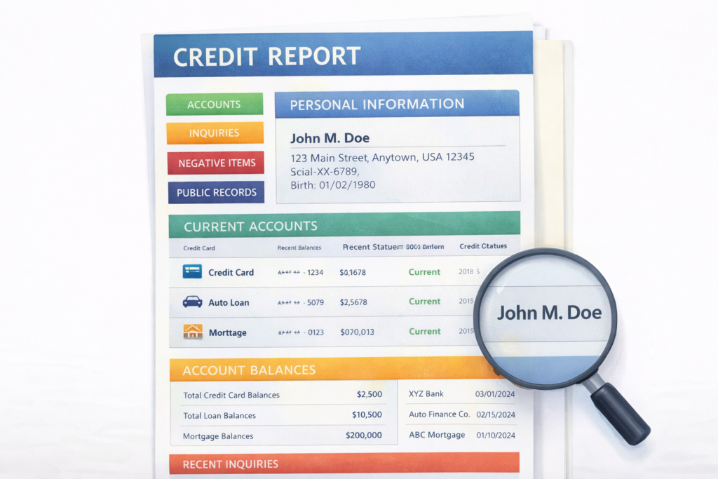 Sample credit report layout showing account history, balances, and personal information sections