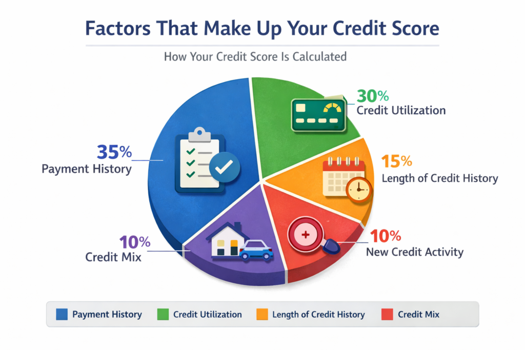 Chart showing factors that make up a credit score, including payment history, credit utilization, and length of credit history.