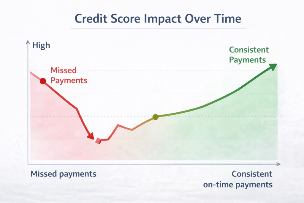 Line chart showing credit score decline from missed payments and gradual improvement with consistent on-time payments.